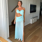 Tube Top Backless Lace up See through Solid Color Mesh Split Dress