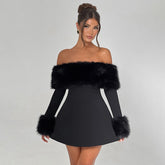 Fur Collar off Shoulder Slim Slimming A line Dress