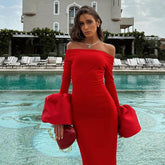 off Neck Long Sleeve Puffed Sleeves Split Dress