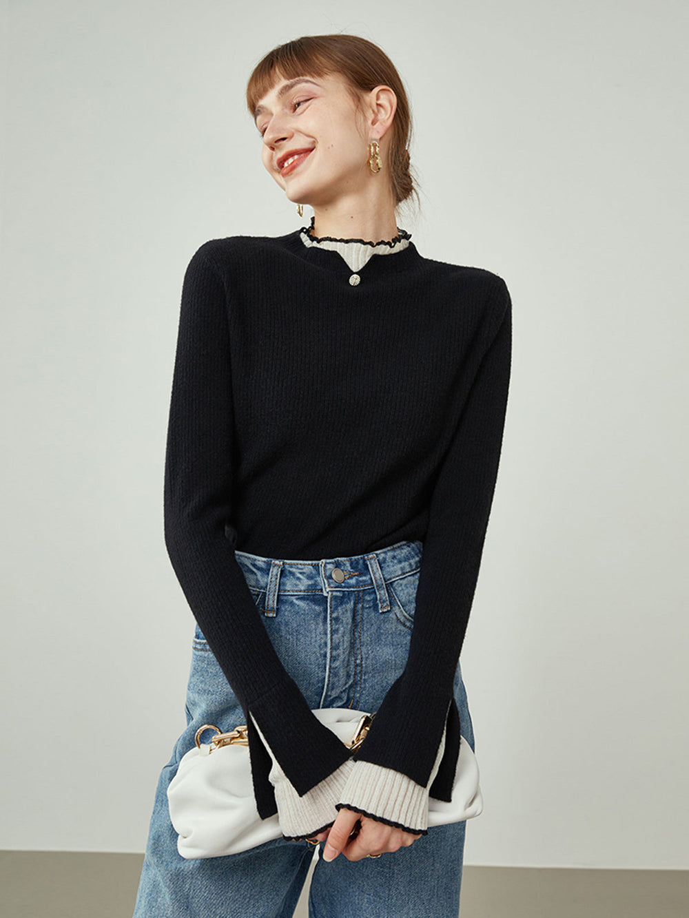 Contrast Trim Mock Trendy Neck Knit Top Sweaters-L