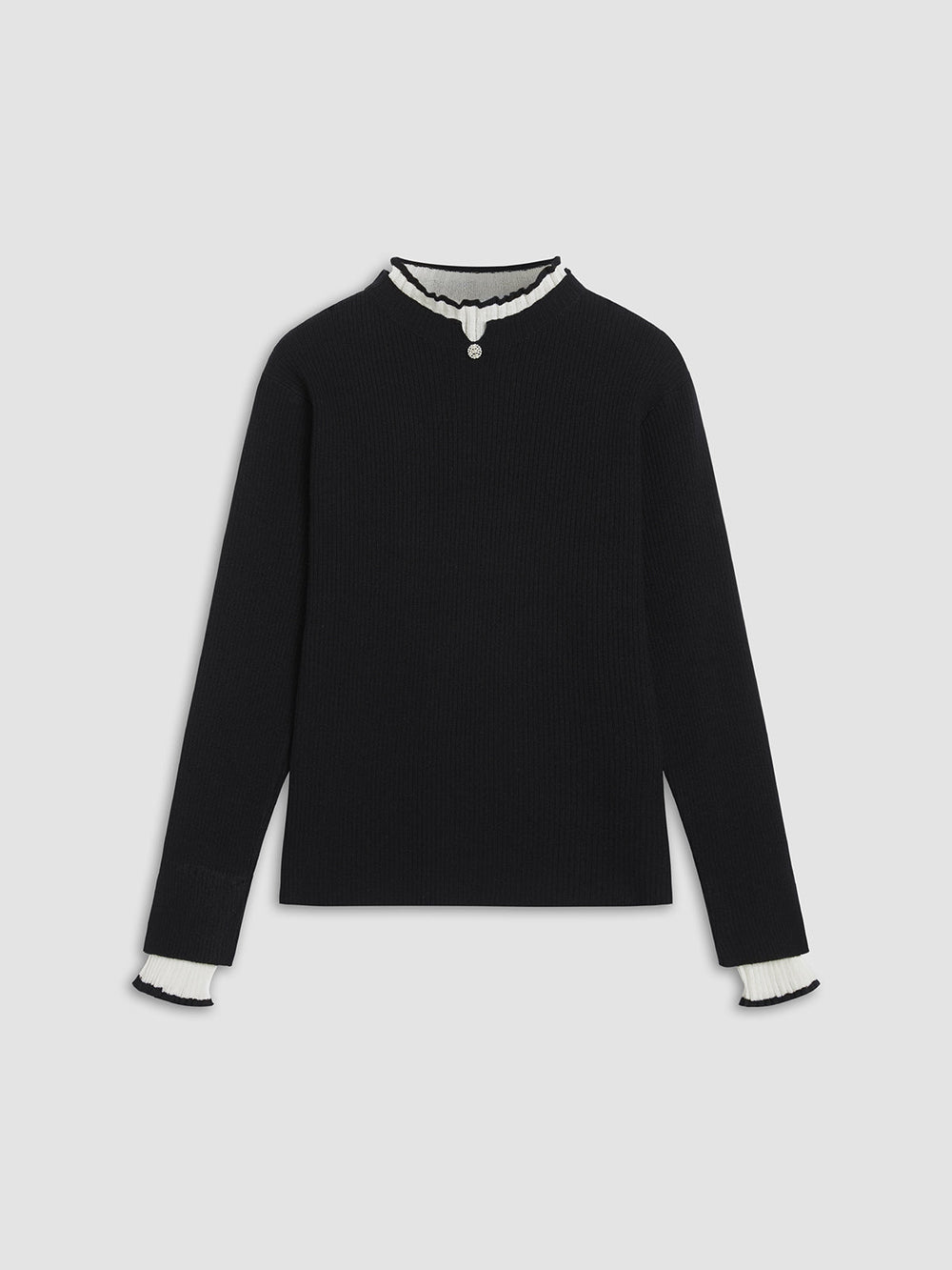 Contrast Trim Mock Trendy Neck Knit Top Sweaters-L