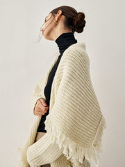 Chunky Knit Tassel Trendy Hem Poncho Cardigan Sweaters-L