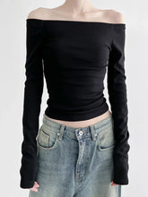 Black Slash Neck Elegant Long Sleeve Slim Knit Top Black / XL knittop-250126