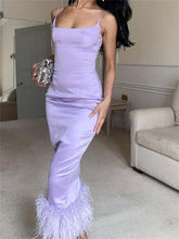 Elegant Sleeveless Strap Summer Party Clubwear Sexy Women Aquare Neck Feather Patchwork Slim Vestido