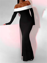Sexy Women Slash Neck Off Shoulder Sleeve Contrast Color Slim Fit Party Formal Female Vestidos