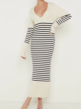 Women Knitted Sleeve Deep V Neck Striped Slim Fit Spring Autumn Female Vestidos Streetwear
