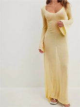 Women Vintage Sleeve V Neck See Through Slim Fit Solid Color Party Female Vestidos Streetwear Beige
