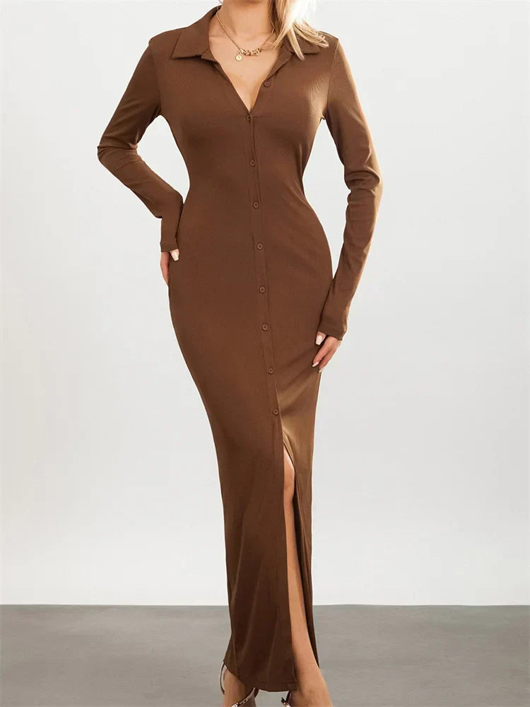 Women Slim Fit Sleeve Button Down Turn Collar Evening For Spring Fall Female Vestidos