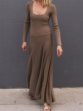 Women Spring Fall Casual Solid Color Square Neck Sleeve Knitted Pleated Fashion Holiday Vestido