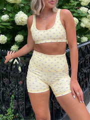 Slim Fit Fruit Bow Print Sleeveless Camis Crop Top with Bodycon Biker Shorts Set YELLOW / S twopiecesset-250126