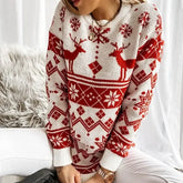Deer Print Casual Loose Long Sleeve O Neck Warm Jacquard Knitwear Christmas Sweater Sweaters-L