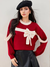 Red Bow Winter Patchwork Soft Long Sleeve Christmas Sweater