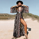 Cotton Rayon Kimono Boho Bikini Cover up Long Sleeve Dark Brown / One Size bohocoverup-250126