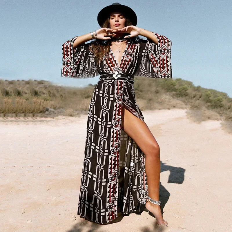 Cotton Rayon Kimono Robe Bikini Cover-up Dark Brown / One Size bohodress-250126