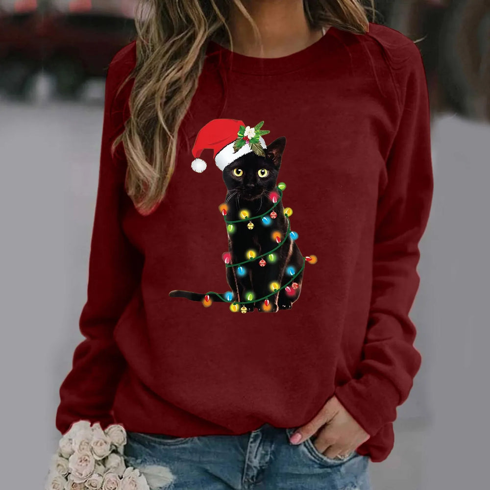 Cartoon Red Hat Black Cat Casual Long-Sleeved Crewneck Christmas Hoodie / S Hoodies-L