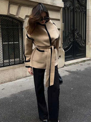 Contrast Woolen Belted Coat