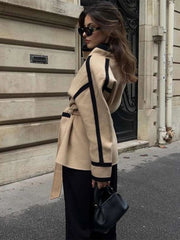 Contrast Woolen Belted Coat