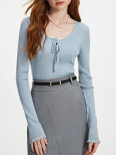 3.9% Wool U - Neck Lace - Up Slim Sweater SKY BLUE / XS