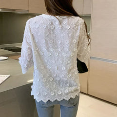 Embroidered White Cotton Floral Korean Style Blouse blouse-250126
