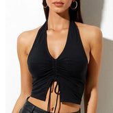 Fashion Women Lace Up Halter Black Sleeveless Drawstring Slim Fit Crop Club Summer Camis Streetwear