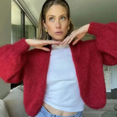 Lazy Hand Woven Big Bubble Sleeves Monochrome Knitted Christmas Sweater Red / S Sweaters-L