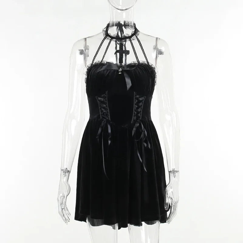 Gothic Vintage Cocktail Velvet Party Draped Backless Bodycon A-Line Halter Outfit Lace Criss-Cross Sleeveless Frock