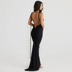 Floral-applique Backless Maxi Christmas Party Dress