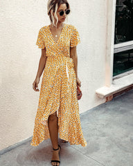 Pink Polka Dot V-Neck Ruffle Short-Sleeved Beach Vacation Summer Dress Xxl / Yellow Dresses