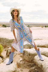 Floral Print Half Sleeve Loose Belt V-neck Vacation Midi Boho Dress bohodress-250126