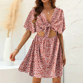 Floral Print Rayon Deep Bow Neck Short Sleeve Sexy Hollow Out Mini Boho Dress Red / M bohodress-250126