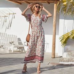 Floral Short Sleeve Beach Boho Dress Beige / S bohodress-250126
