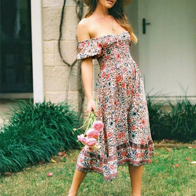 Floral Print Short Sleeve Sexy Off Shoulder Midi Boho Dress bohodress-250126