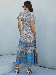 Floral Print Short Sleeve Button Loose Tassel V-neck Maxi Boho Dress bohodress-250126