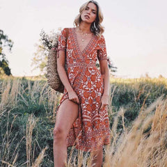 Floral Short Sleeve Sashes Boho Dress bohodress-250126