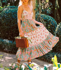 Green Floral Sleeveless Rayon Maxi Boho Dress bohodress-250126