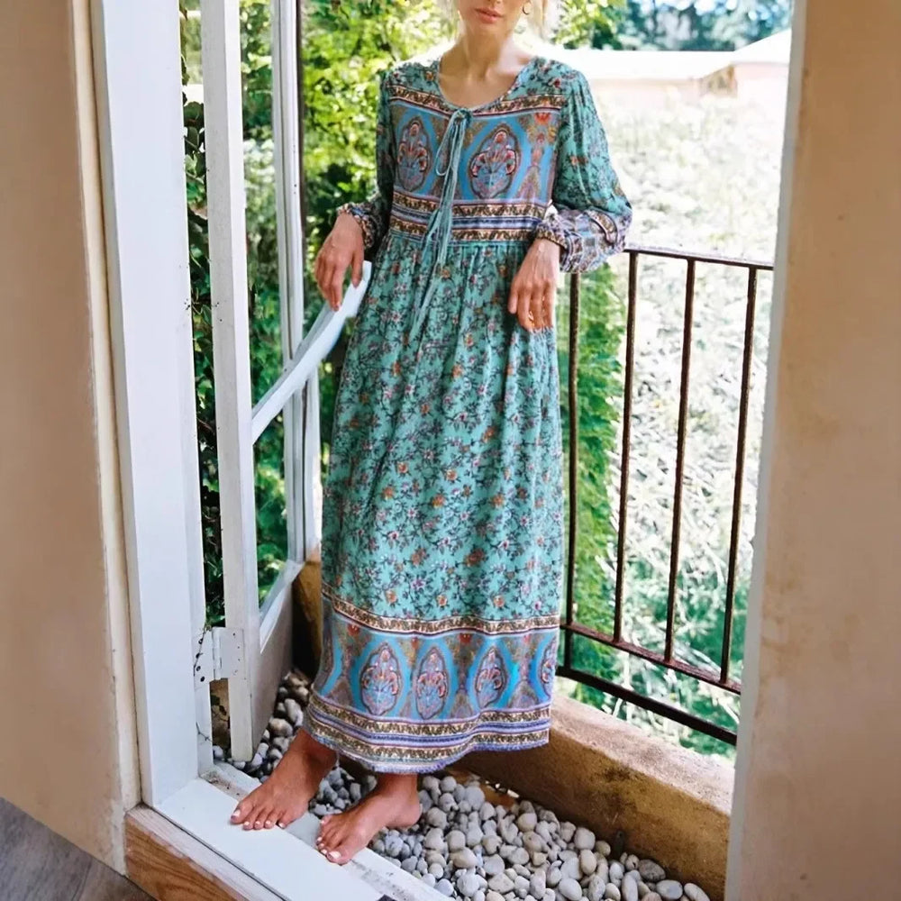 Long Sleeve Tie Neck Green Floral Maxi Rayon Boho Dress Green / S bohodress-250126