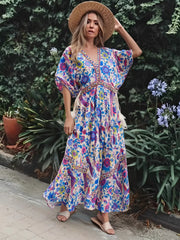 Peacock Floral Print V-neck Tassel Rayon Vacation Boho Dress Beige / S bohodress-250126