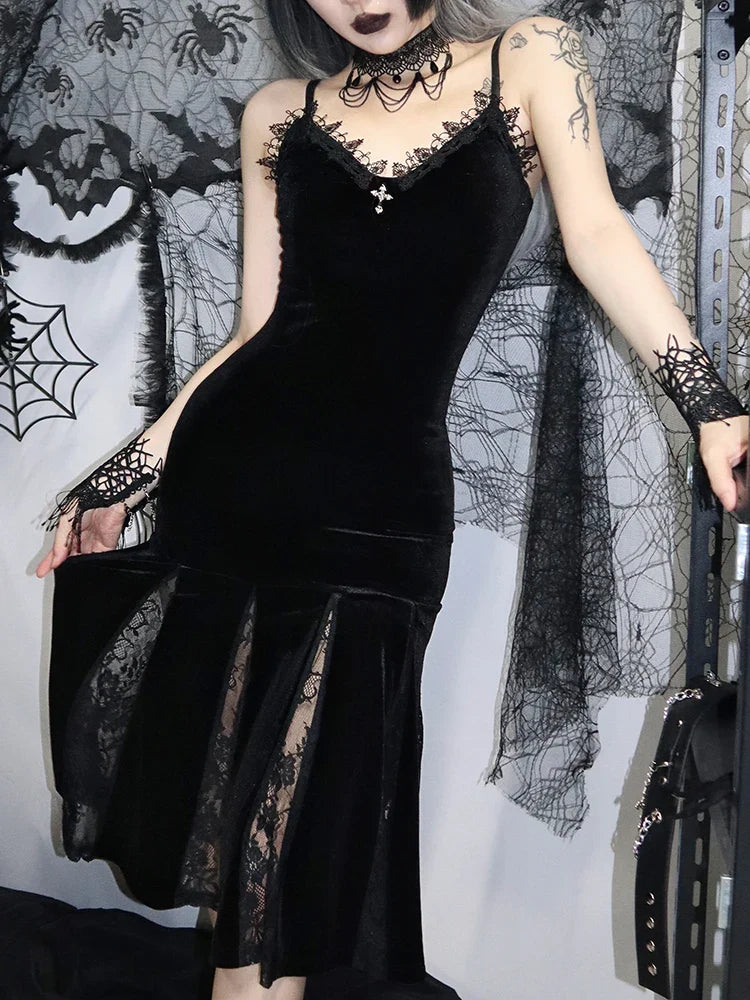 Sexy Strap Black Velvet Backless Cross Lace Patchwork Maxi Gothic Spaghetti Gown