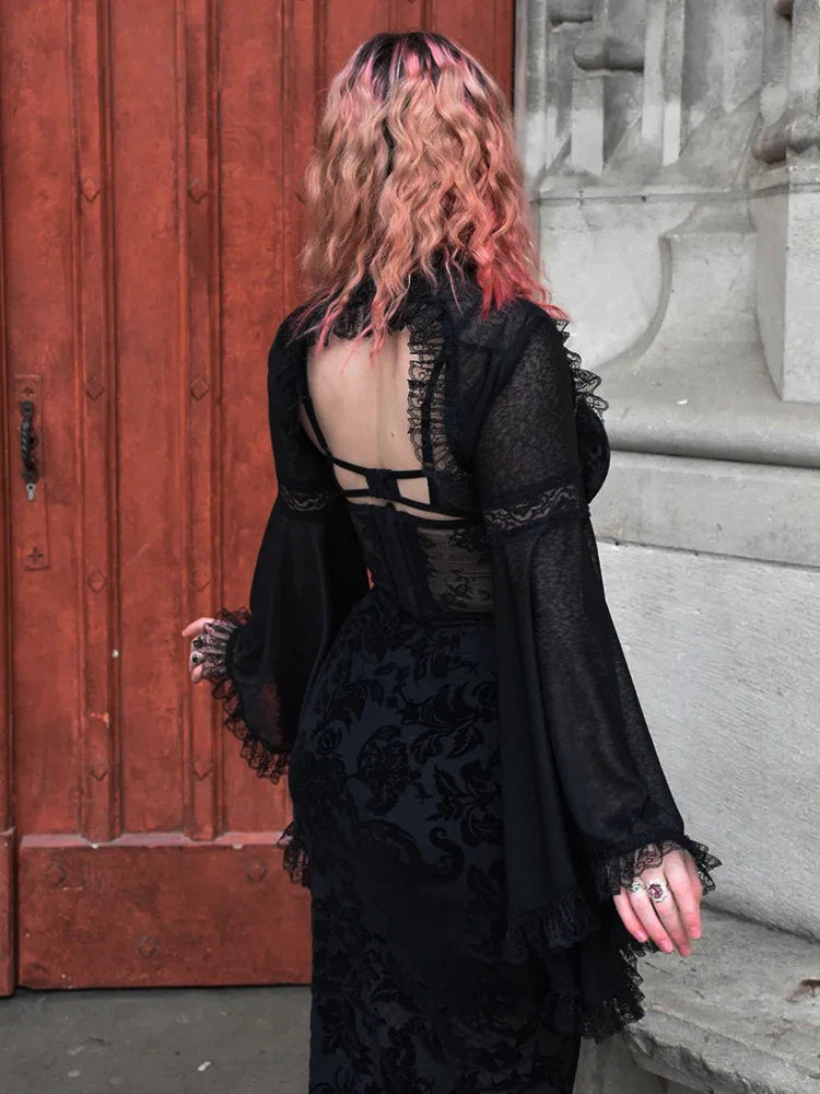 Velvet Print Club Sling Gothic Lace Bandage Midi Street Corset Harajuku Mesh Frock