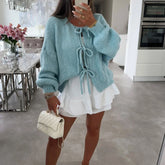 Lace-Up Hollow Out Patchwork Cardigan green / S