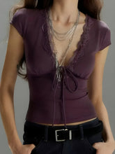 Lace Trim Tie Front Top