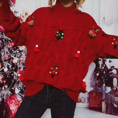 Fashionable Autumn Winter Xmas Loose Round Neck Print Knitted Christmas Sweater Sweaters-L