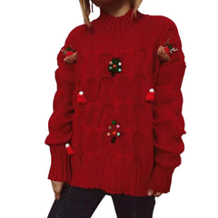Fashionable Autumn Winter Xmas Loose Round Neck Print Knitted Christmas Sweater Red / S Sweaters-L