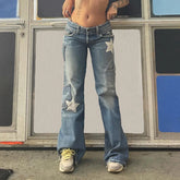 Low Rise Flared Retro Star Print Pockets Distressed Burr Y2K Streetwear Denim Jean