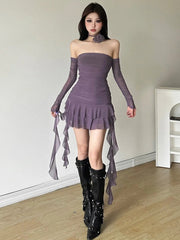 Mesh Ruffled Strapless Mini Dress