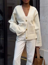 Classic Solid Pocket V-Neck Single-Breasted Cardigan White / S cardiagn-250126