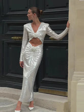 New Sexy Long Sleeves Luxury Sequins Slim Dress Hollow Flower Christmas Party Dresses-L