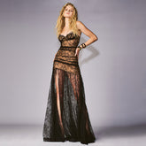 Black Pleated Lace Spaghetti Straps Sleeveless Maxi Evening Dresses Dress