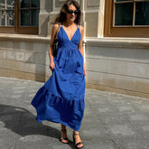 French Vacation Blue Cotton Linen V neck Strap Backless Dress Dress