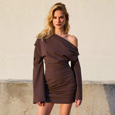 Mature Solid Color Long Sleeve off the Shoulder Upper Body Loose Short Dress